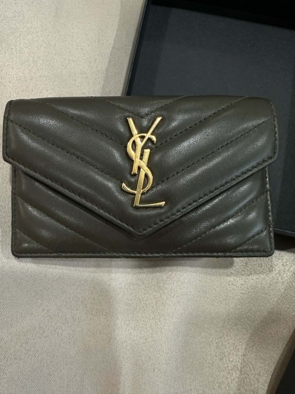 Authentic Saint Laurent Chevron Quilted Leather Card Case with Gold YSL Logo
